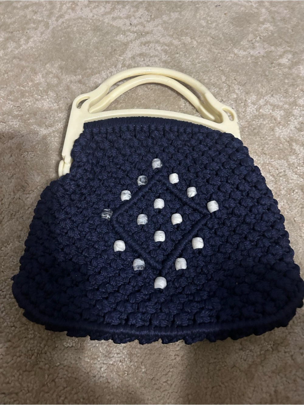 Boho handmade macramé navy blue handbag purse with white bead embellishments